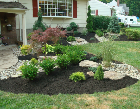 A well-landscaped front yard with various plants, mulch, and rocks around a house.