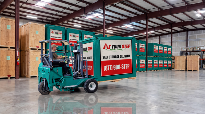 Teal forklift in a warehouse beside a red-and-white box truck with stacks of boxed inventory