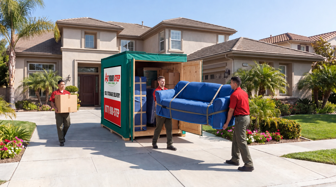 Two movers unloading a blue sofa from a green portable storage container in a suburban driveway
