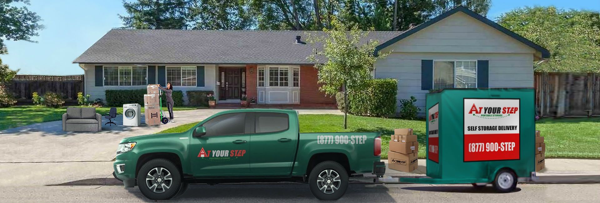 Green pickup truck parked beside a red and white recycling bin in a suburban driveway with a house behind it