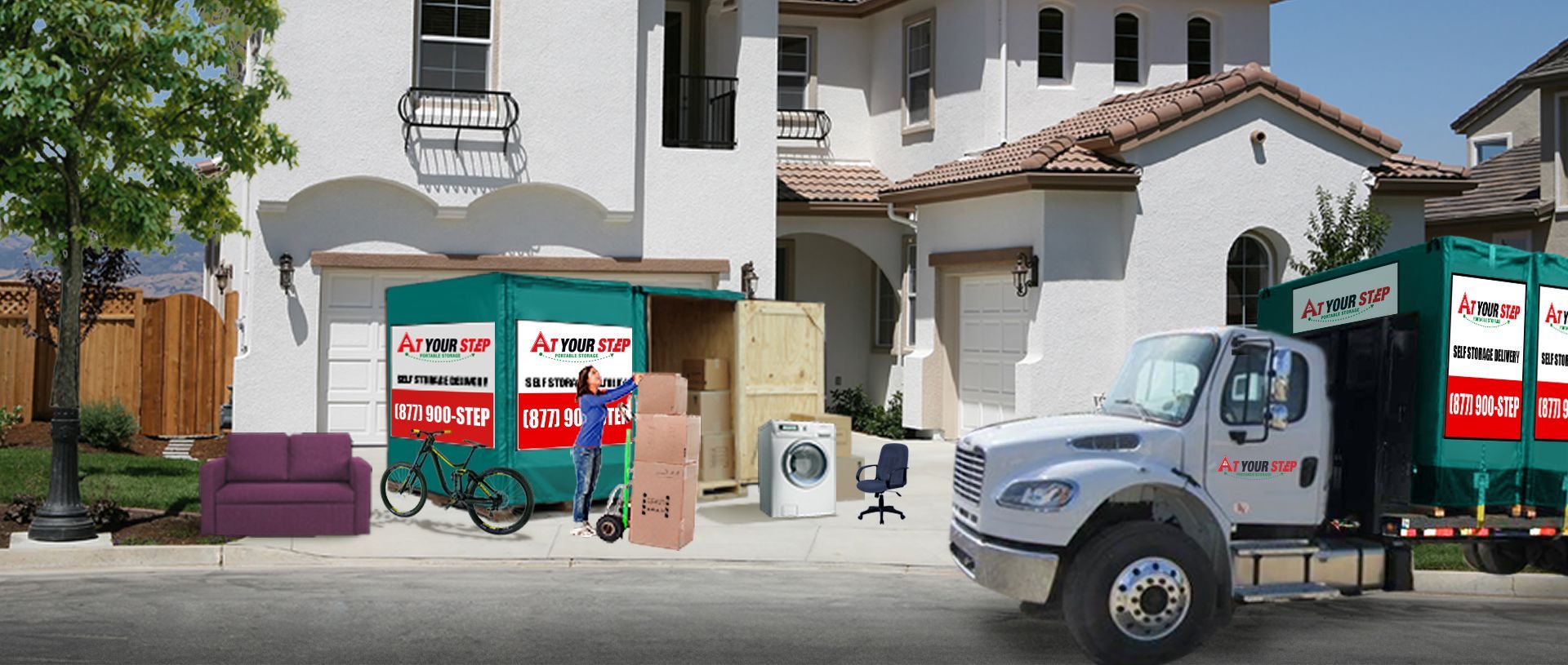 Delivery trucks parked outside a white house and wall, with green-and-red advertising panels.