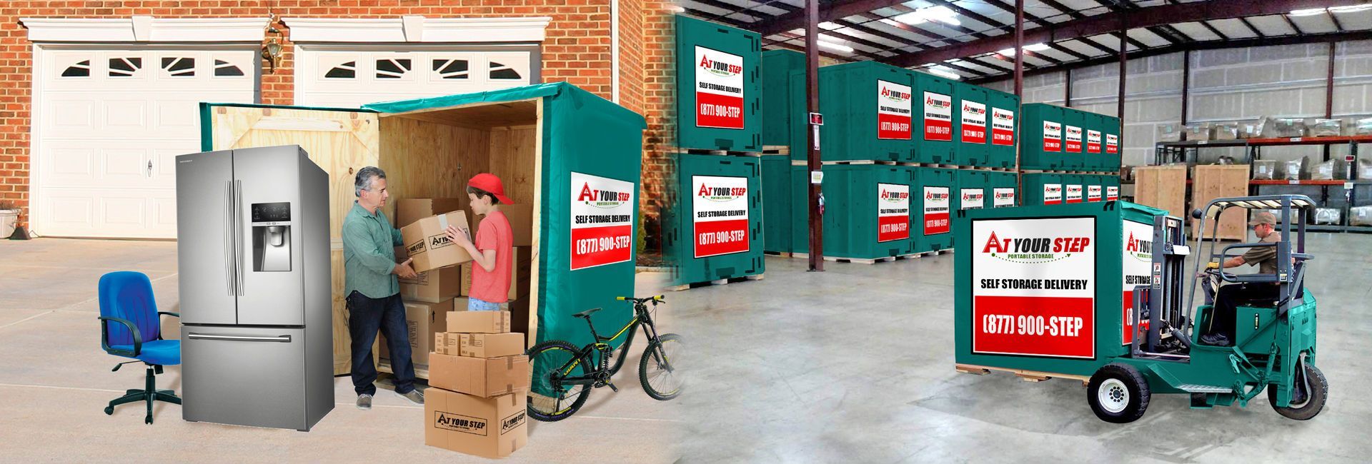 Warehouse aisle with stacked red-and-green industrial containers, a forklift, and a worker near a blue chair