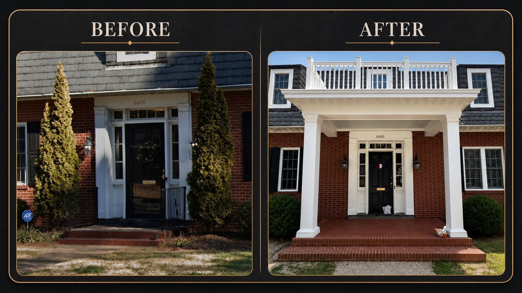 Before-and-after of a home's front entrance makeover, showing a dark, overgrown porch changed to a white-columned entryway.