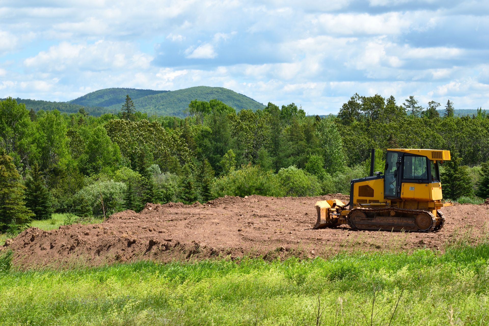 Yellow bulldozer clearing land near a forest with a mountain in the background under a cloudy sky.