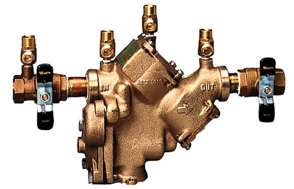 Brass pipe valve assembly with multiple shutoff handles, isolated on white background