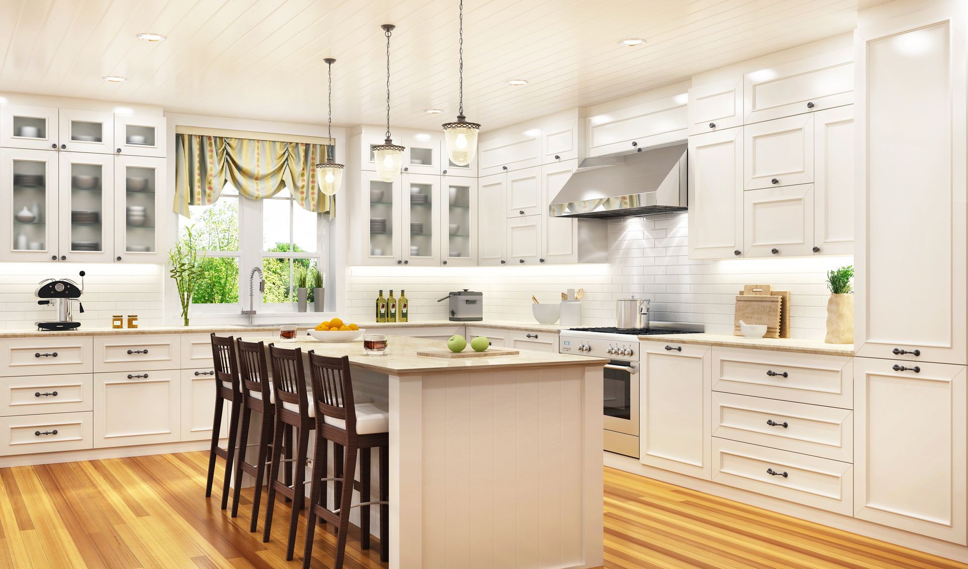Bright, modern white kitchen with island, wooden barstools, and large windows letting in sunlight.