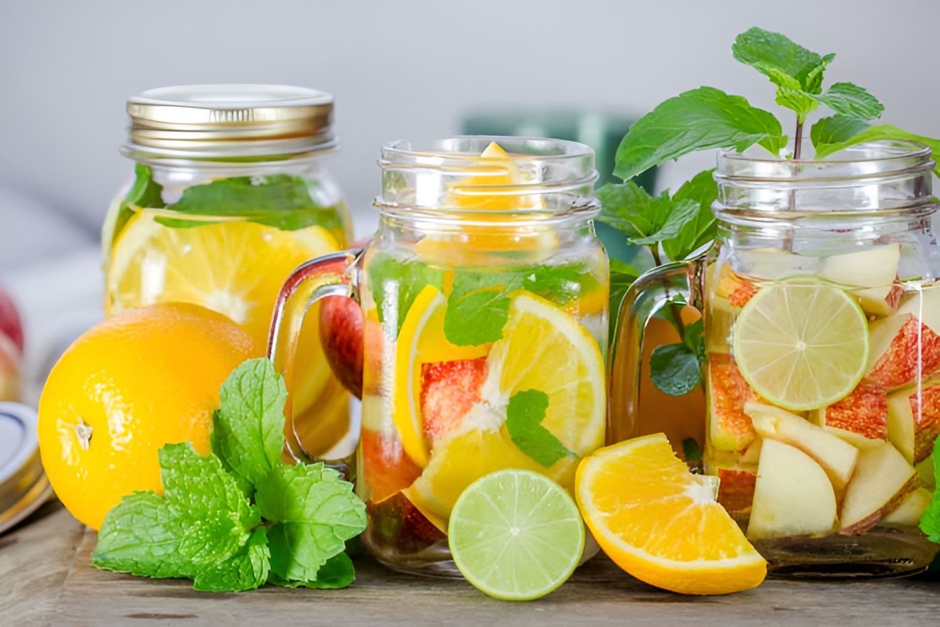 Glass jars of citrus fruit slices and mint on a rustic table, with lemons and limes nearby.