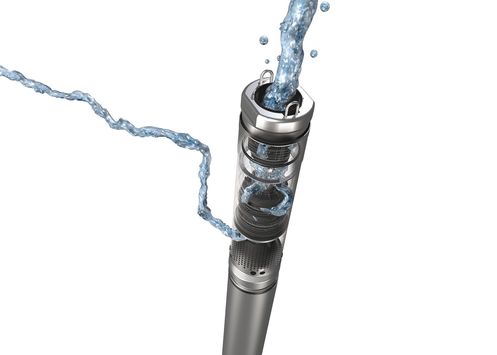 Water pouring into a metal pipe with splashing liquid