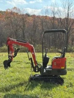 A red mini excavator with a bucket attachment sits in a grassy field in front of a line of trees on a sunny day.