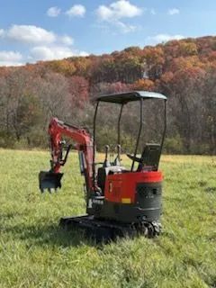 A small red mini excavator parked in a grassy field with a backdrop of autumn trees under a blue sky.