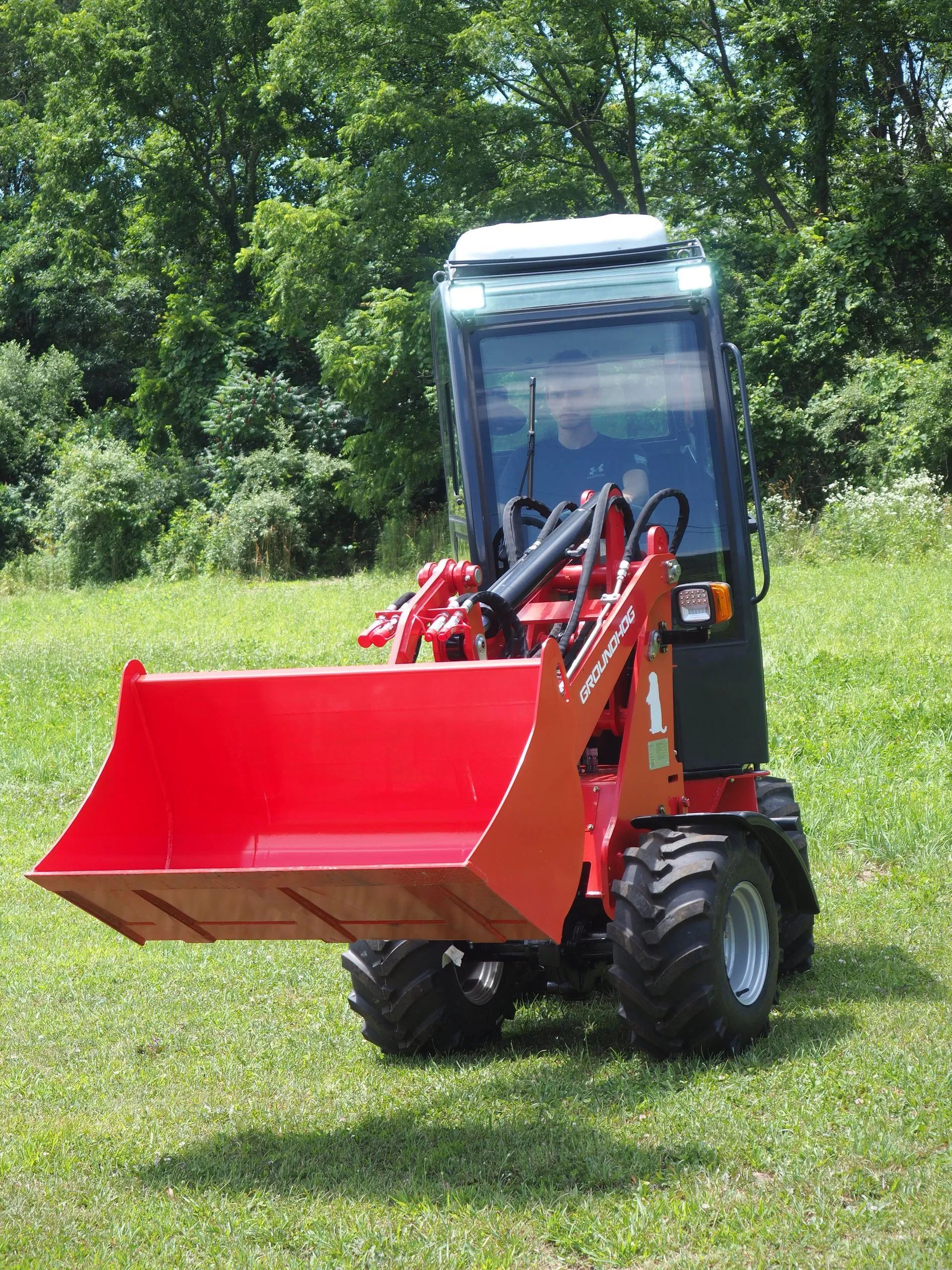 A red articulated loader with a bucket attachment sitting in a grassy field.