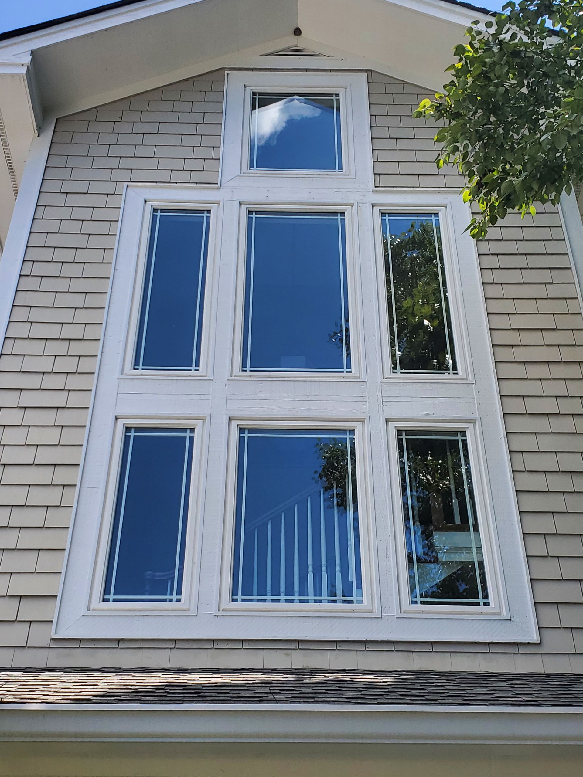 A house with a lot of windows and a tree in the background