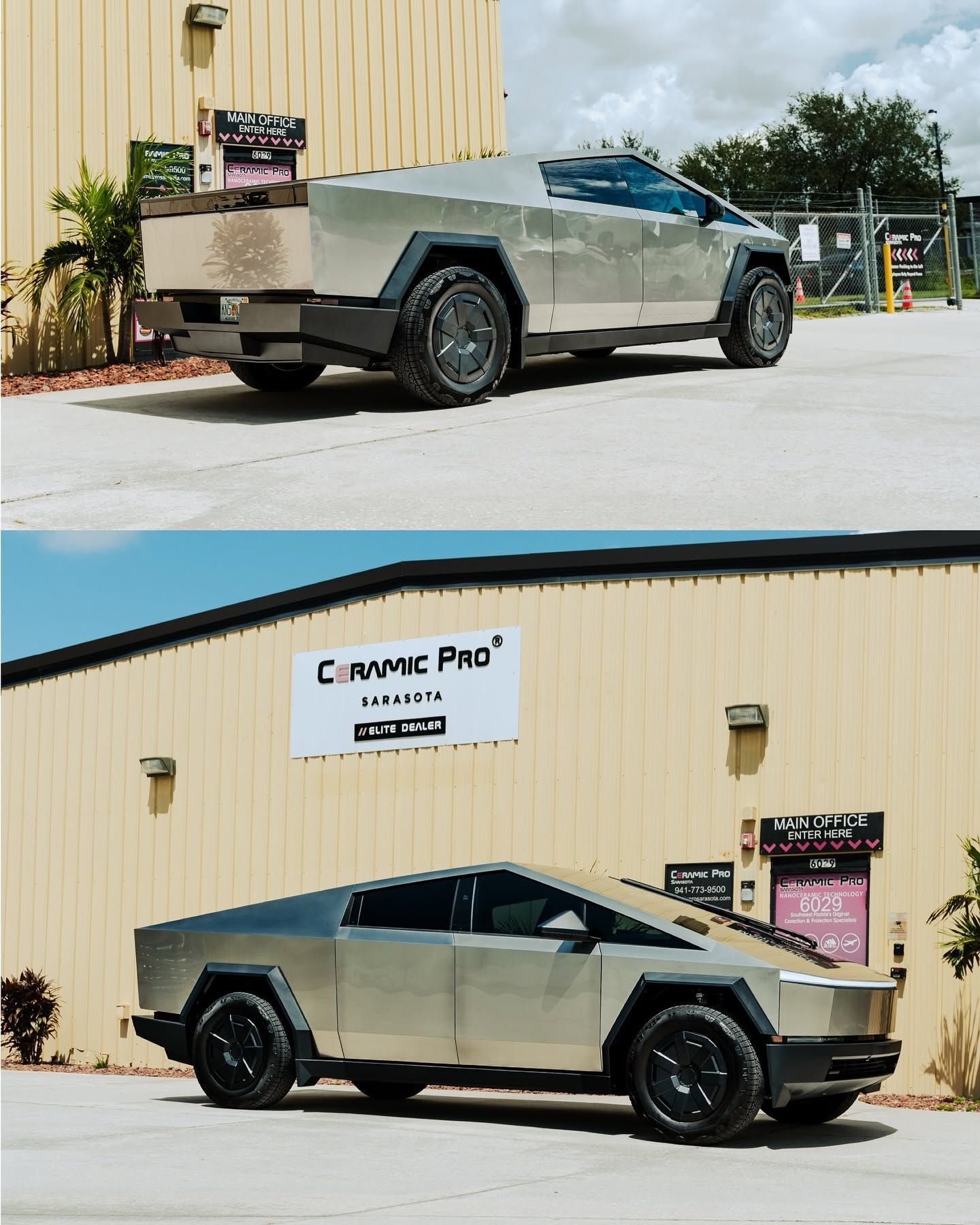 Two views of a silver Cybertruck parked outside a beige building with a “Ceramic Pro” sign.