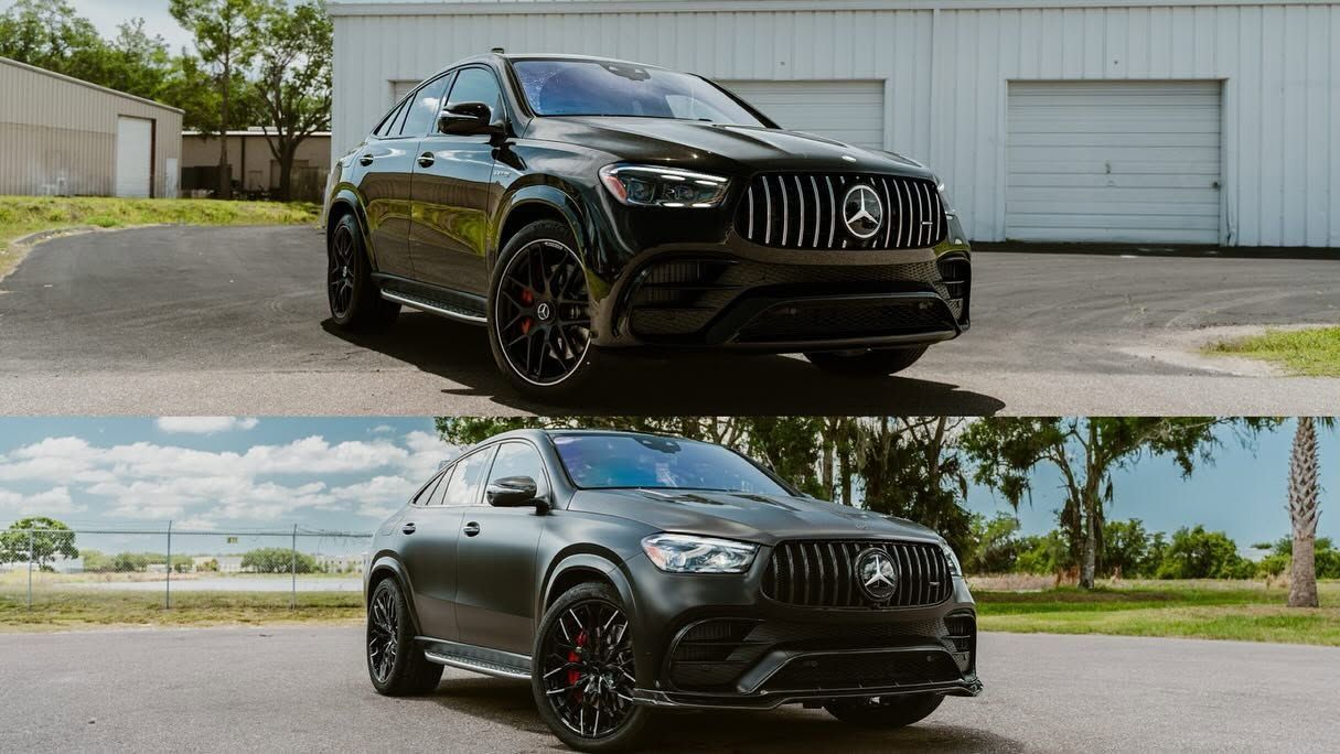 Black luxury SUV parked outdoors, shown in two angled views against a driveway and garage backdrop