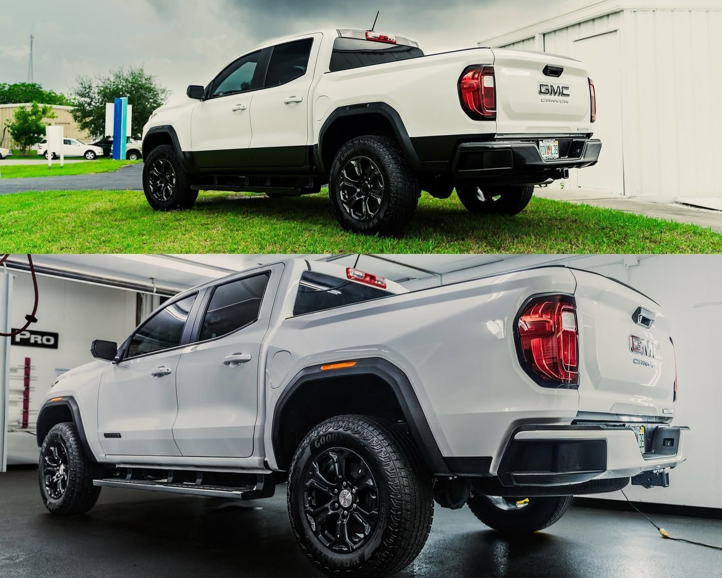 White lifted GMC pickup truck in a driveway, shown in two side views with black wheels and tinted windows