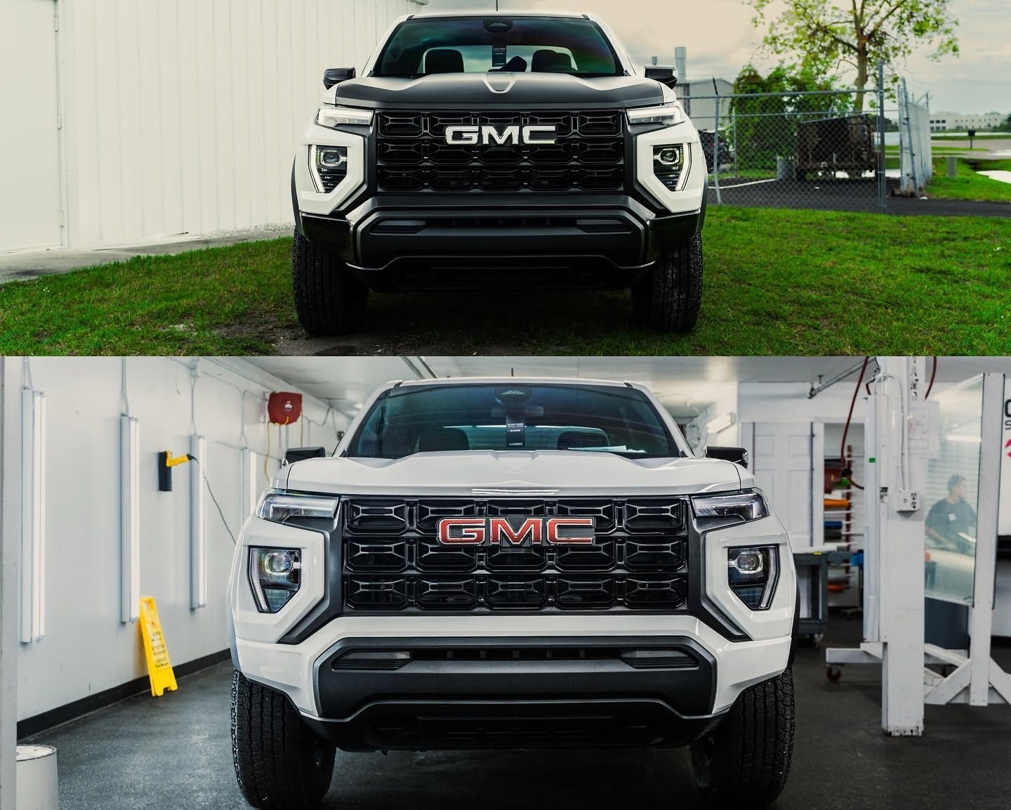 Two GMC trucks, one black outdoors and one white in a garage, shown front-on.