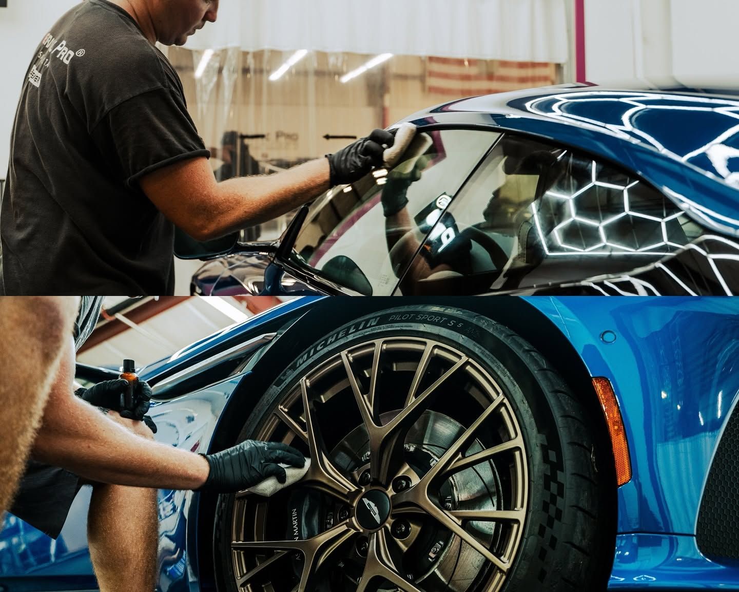 Detailing a blue sports car, a worker polishes the body and cleans the wheel in a garage.