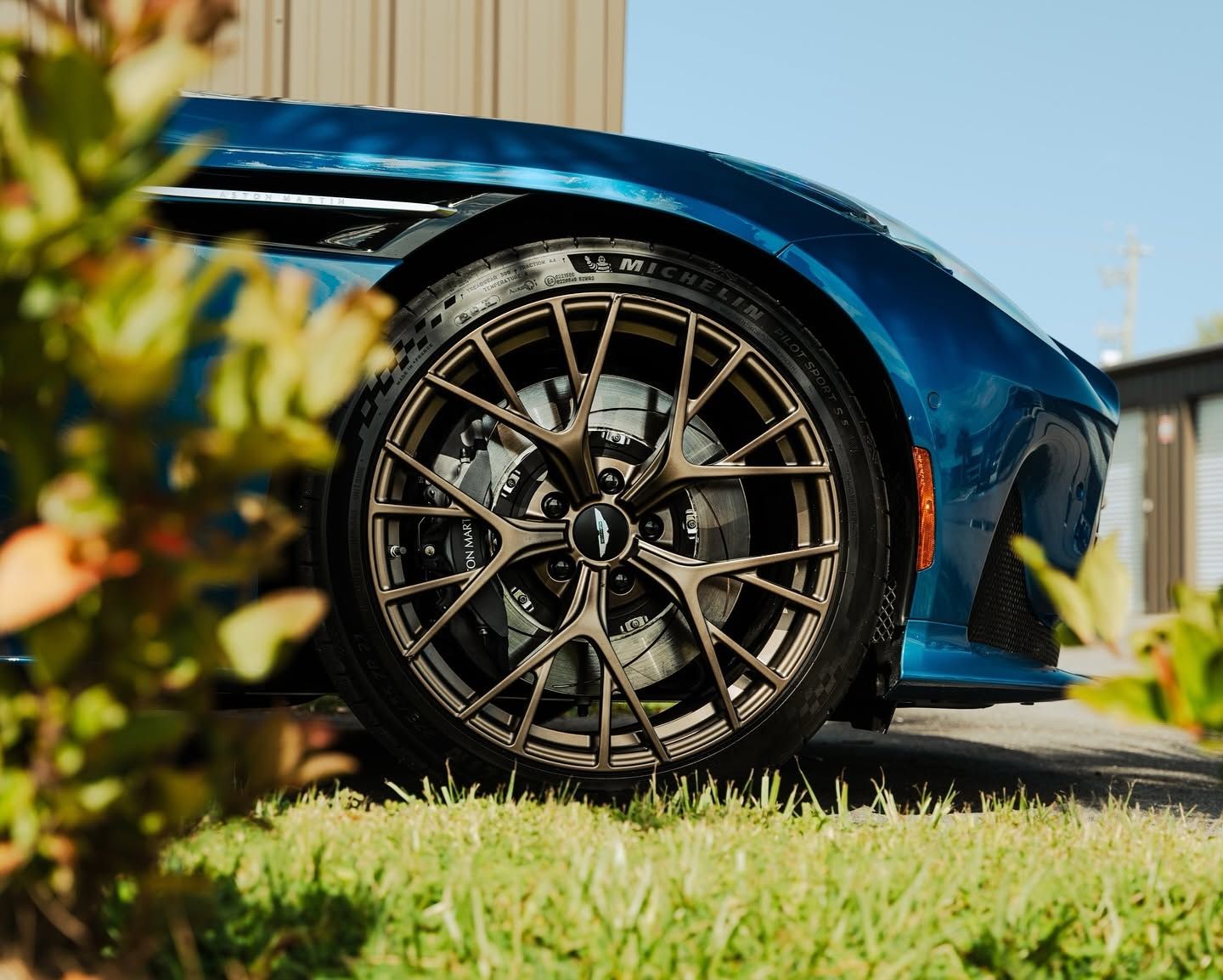Close-up of a blue sports car’s front wheel on grass, with blurred greenery in the foreground.