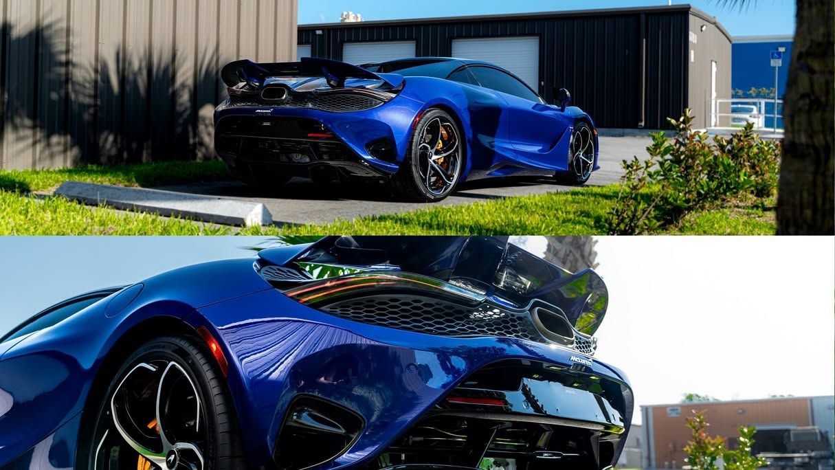 Blue sports car parked outside a modern building, shown in two views with glossy paint and low stance