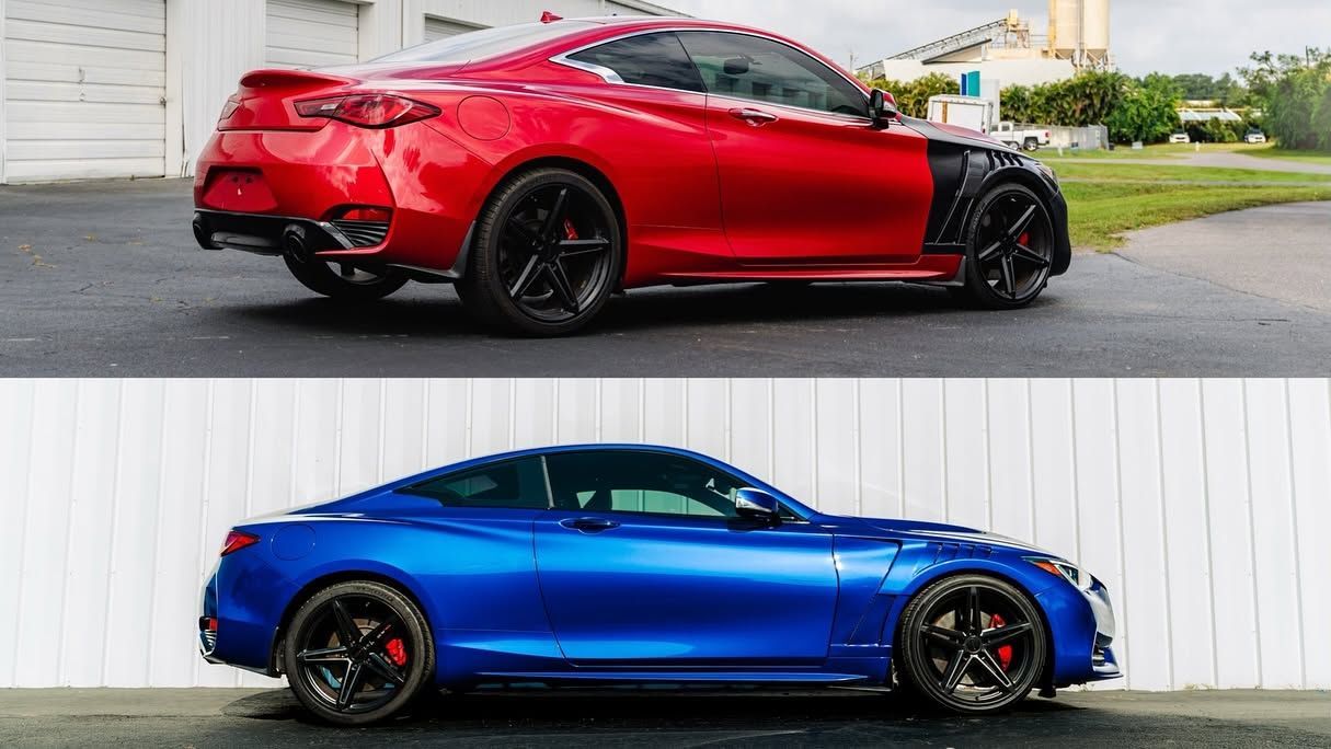 Two sleek sports cars, one red and one blue, shown in side profile on different backgrounds.
