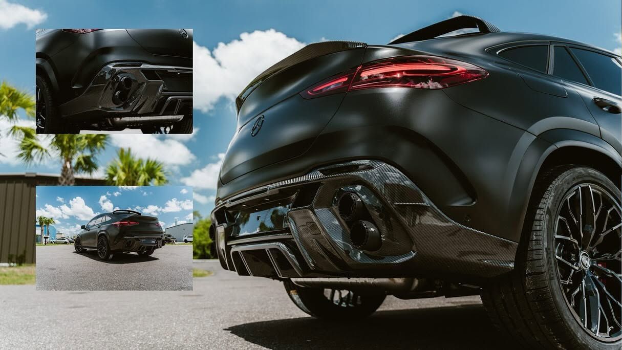 Black sports SUV with aftermarket rear diffuser and exhaust, shown in a three-panel collage outdoors.