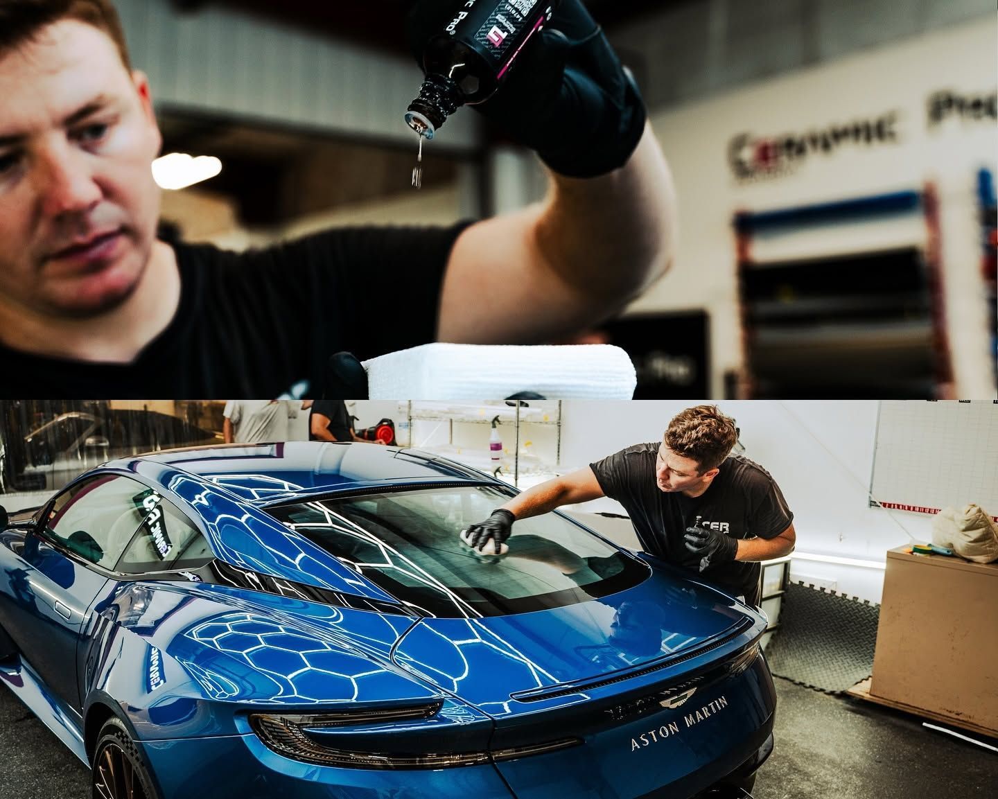Two mechanics polishing a blue sports car in a workshop.