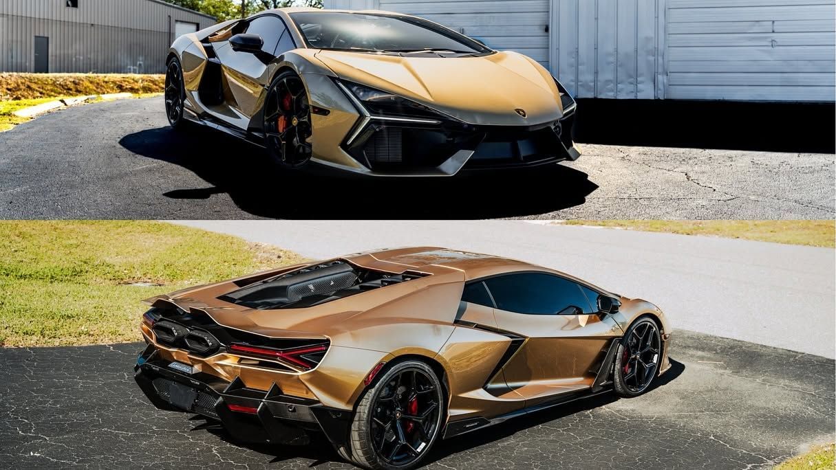 Two photos of a gold Lamborghini supercar with black accents, shown from front and rear on a driveway.