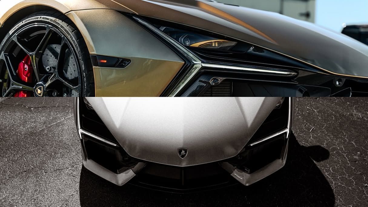 Split image of a silver Lamborghini: side view above, front view below on black floor