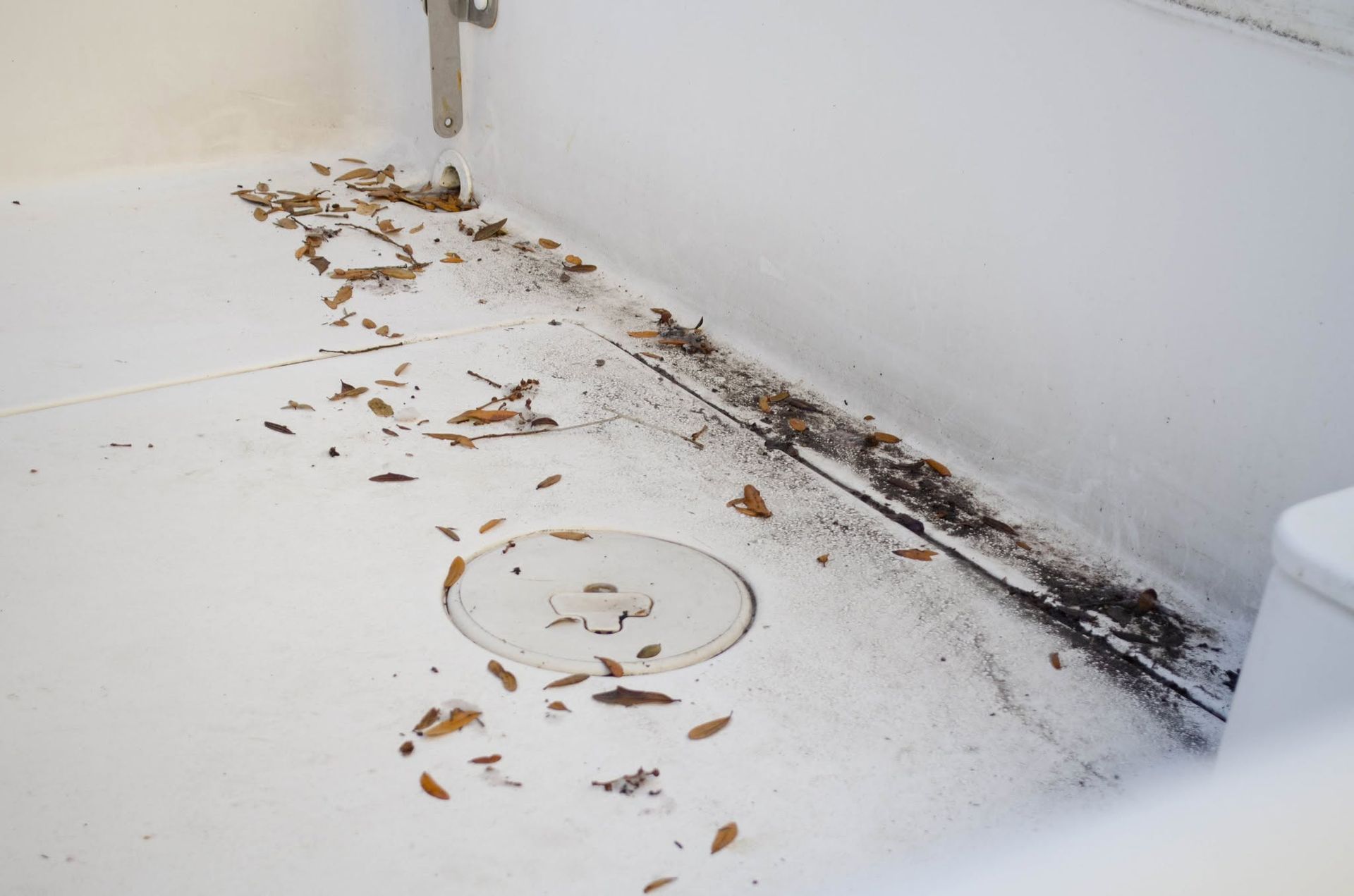 Dirty white bathroom corner with scattered debris and a floor drain.