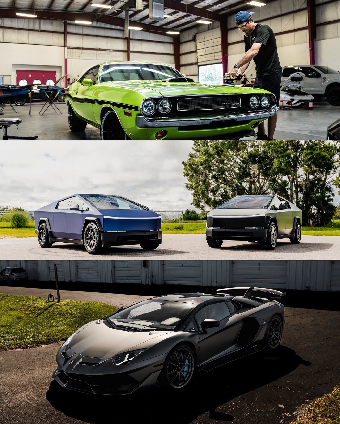 Collage of three sports cars, including a green classic muscle car in a garage and two modern coupes outdoors