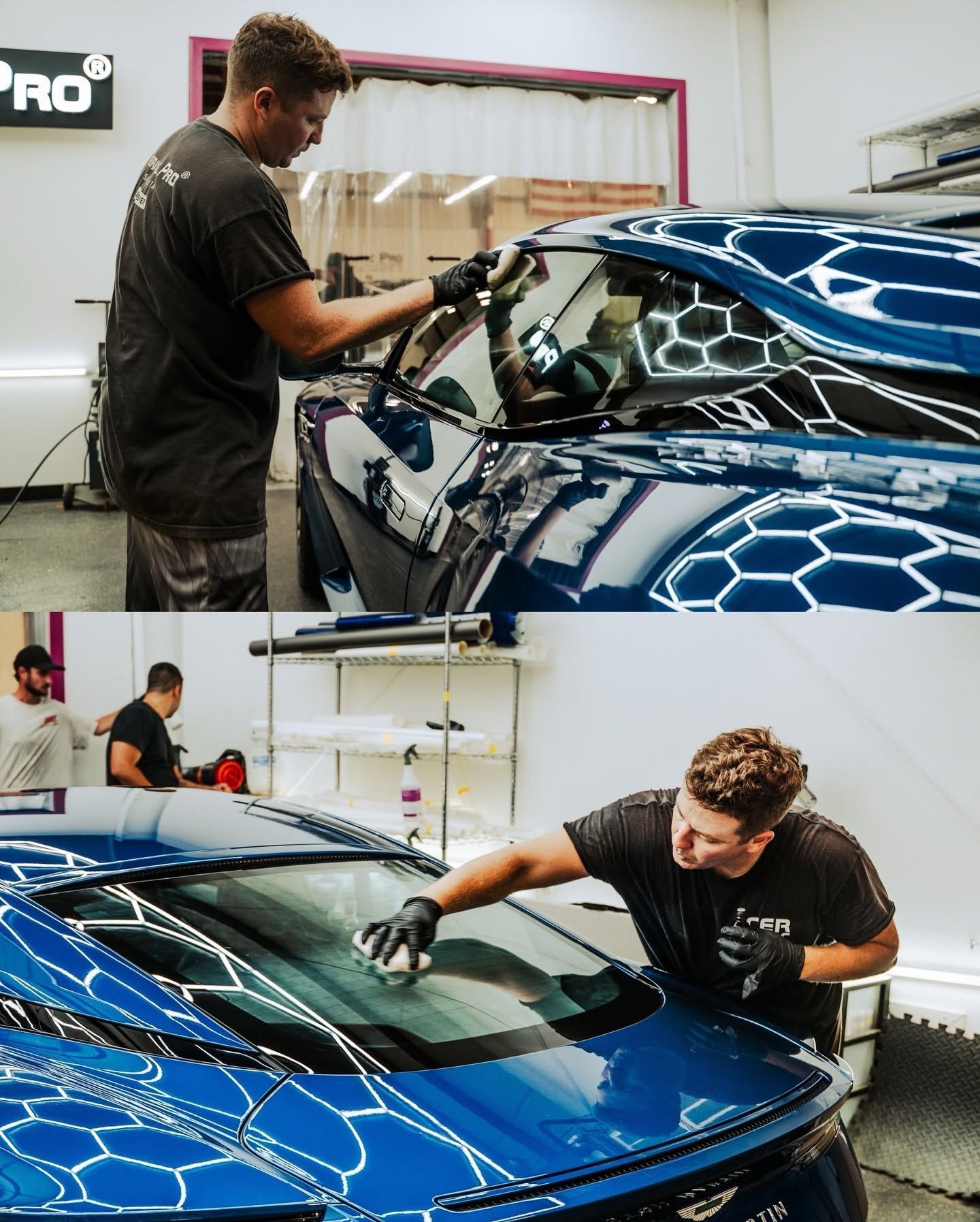 Detailer polishing a blue car in a workshop, with close-up shots of the windshield and hood.