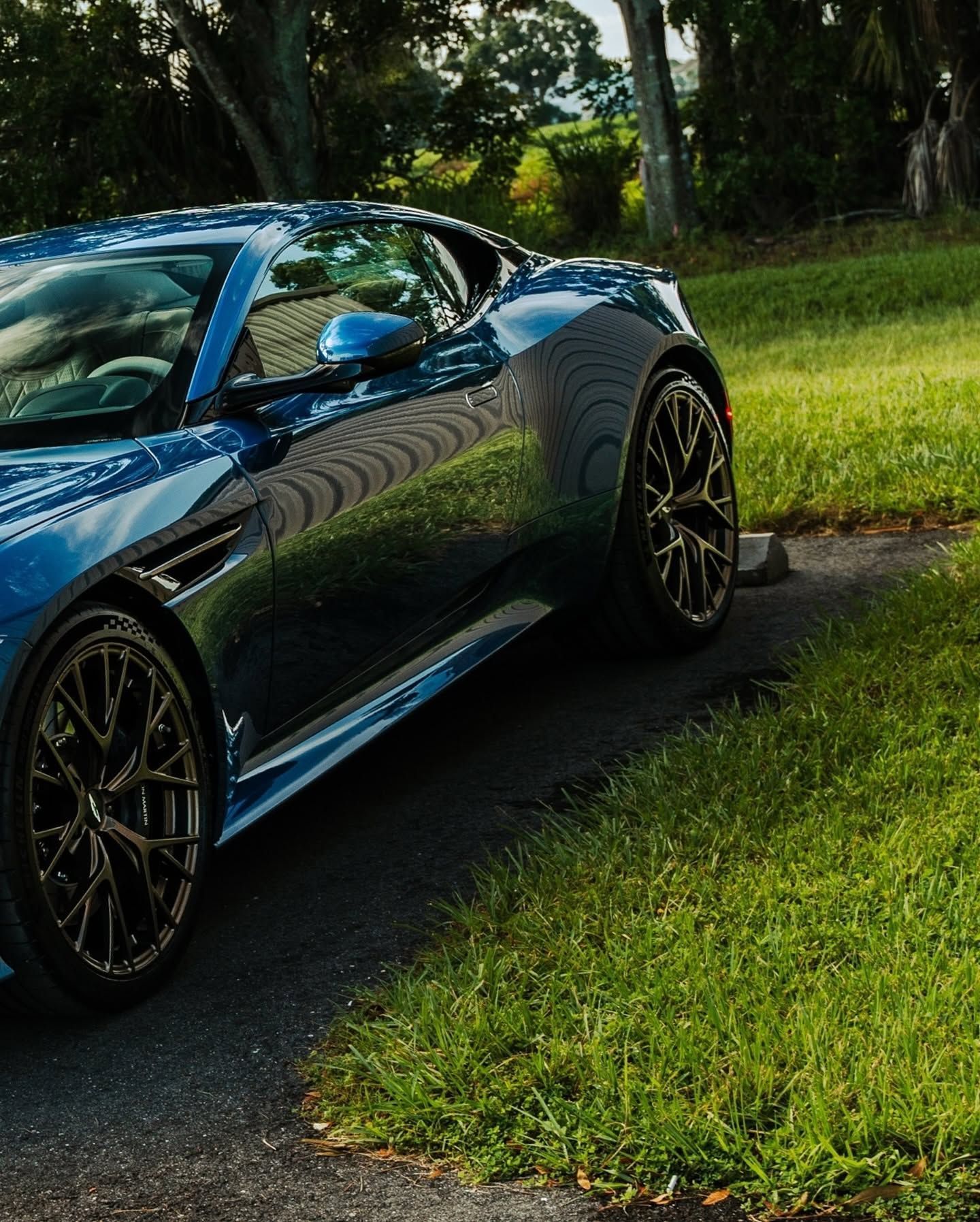 Blue sports car parked on a grassy driveway beside trees and a sidewalk