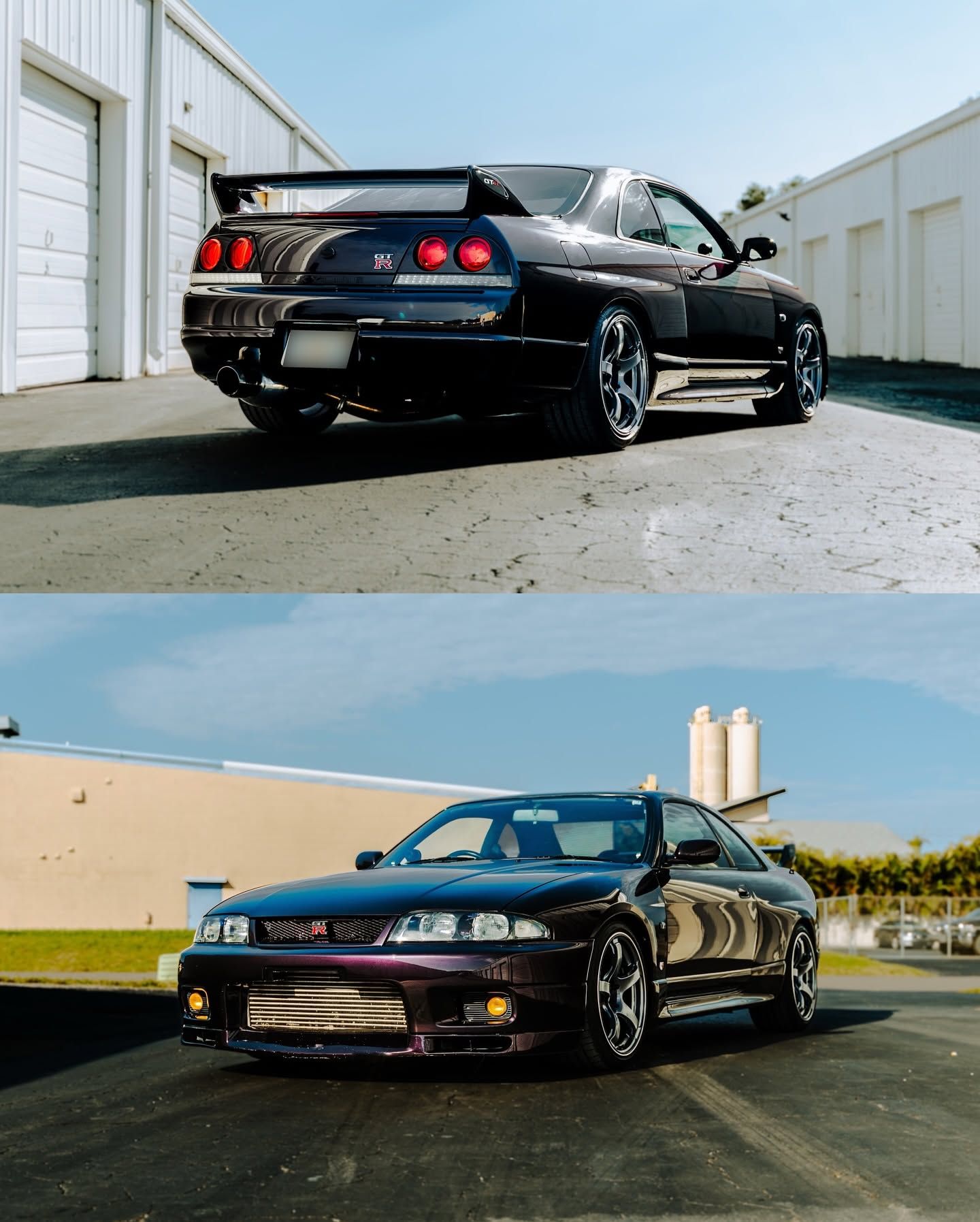 Two black sports cars parked outdoors, shown in a split view from rear and front angles.