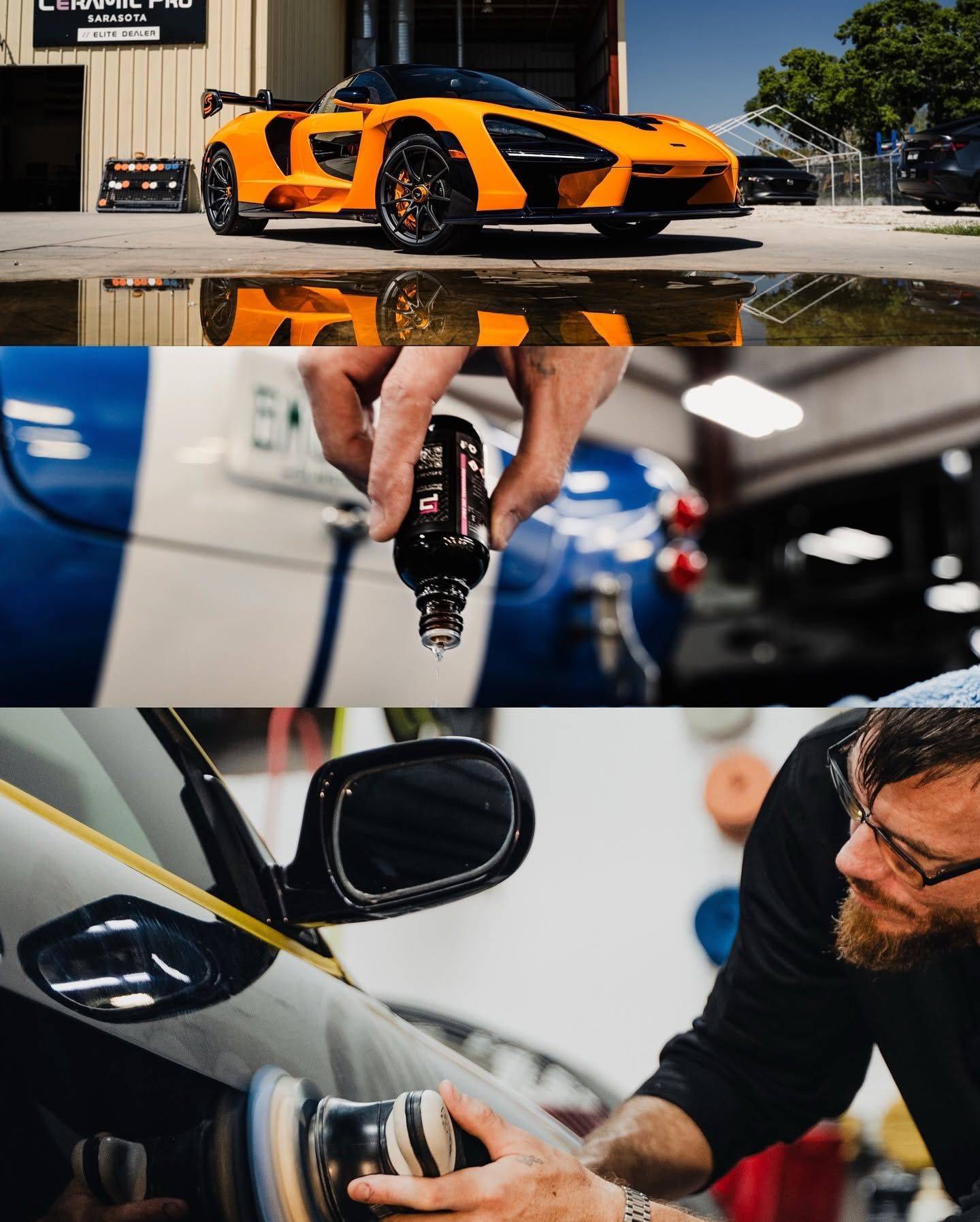 Orange sports car, spray detailing, and a technician polishing a black car in a workshop collage