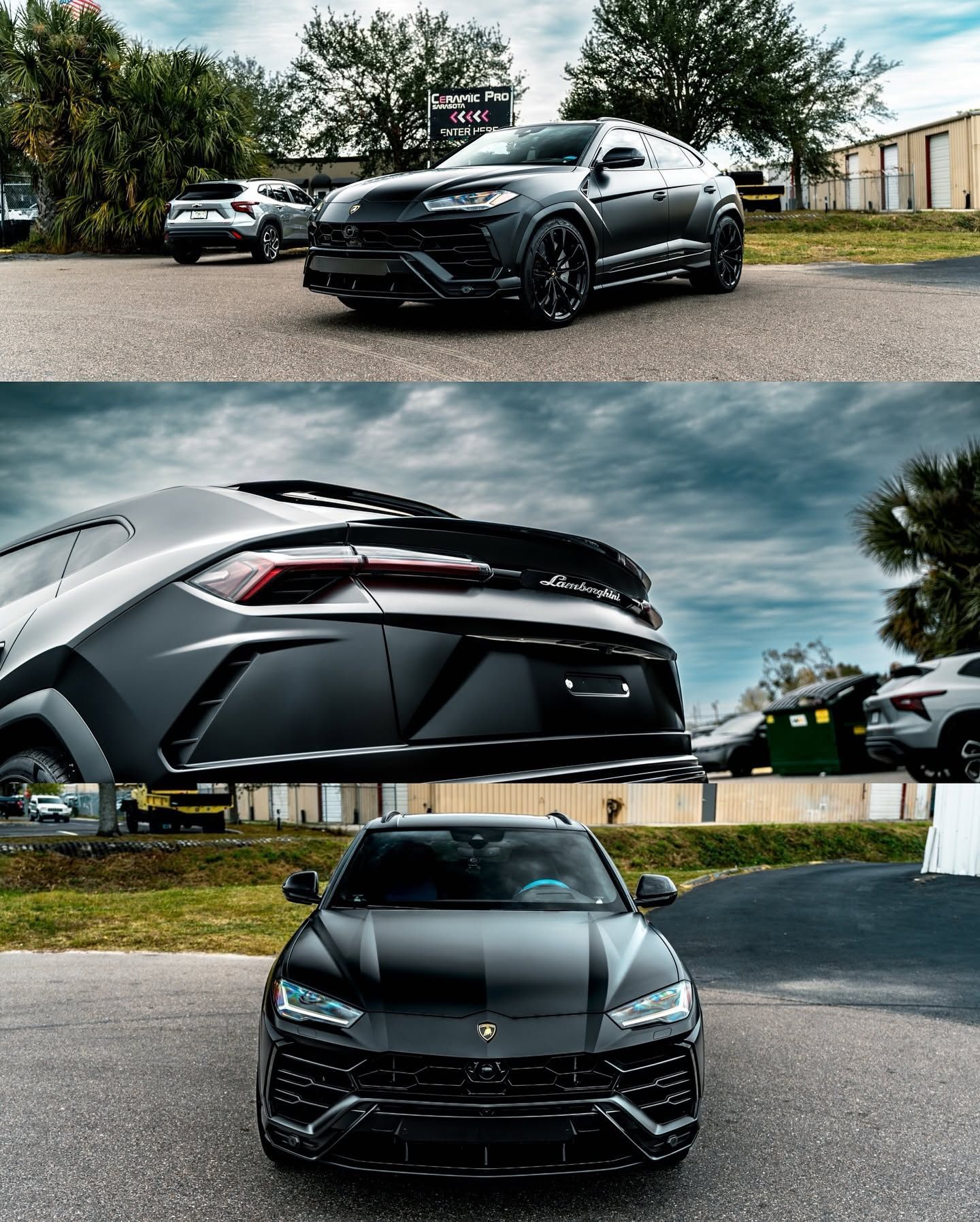 Collage of a black Lamborghini Urus parked outdoors, shown from front, rear, and side angles.