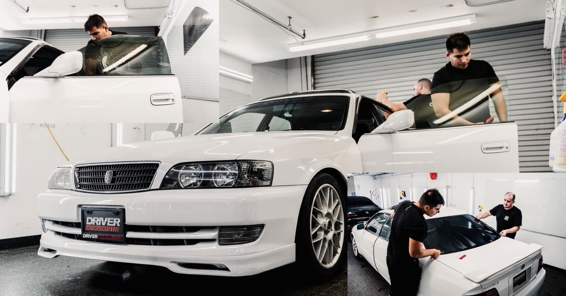 White sedan being detailed in a bright garage, with a man cleaning the hood and inset close-up shots.