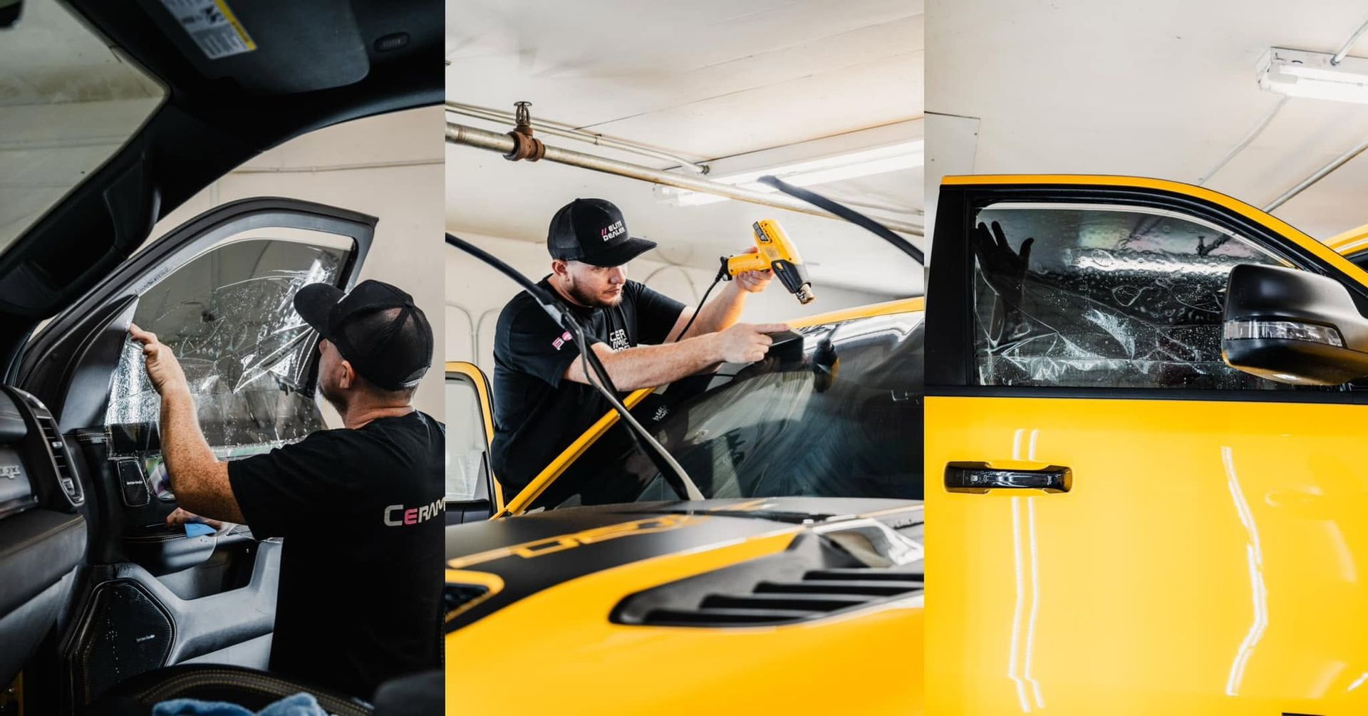 Auto detailer cleaning a bright yellow car interior and windshield in a workshop