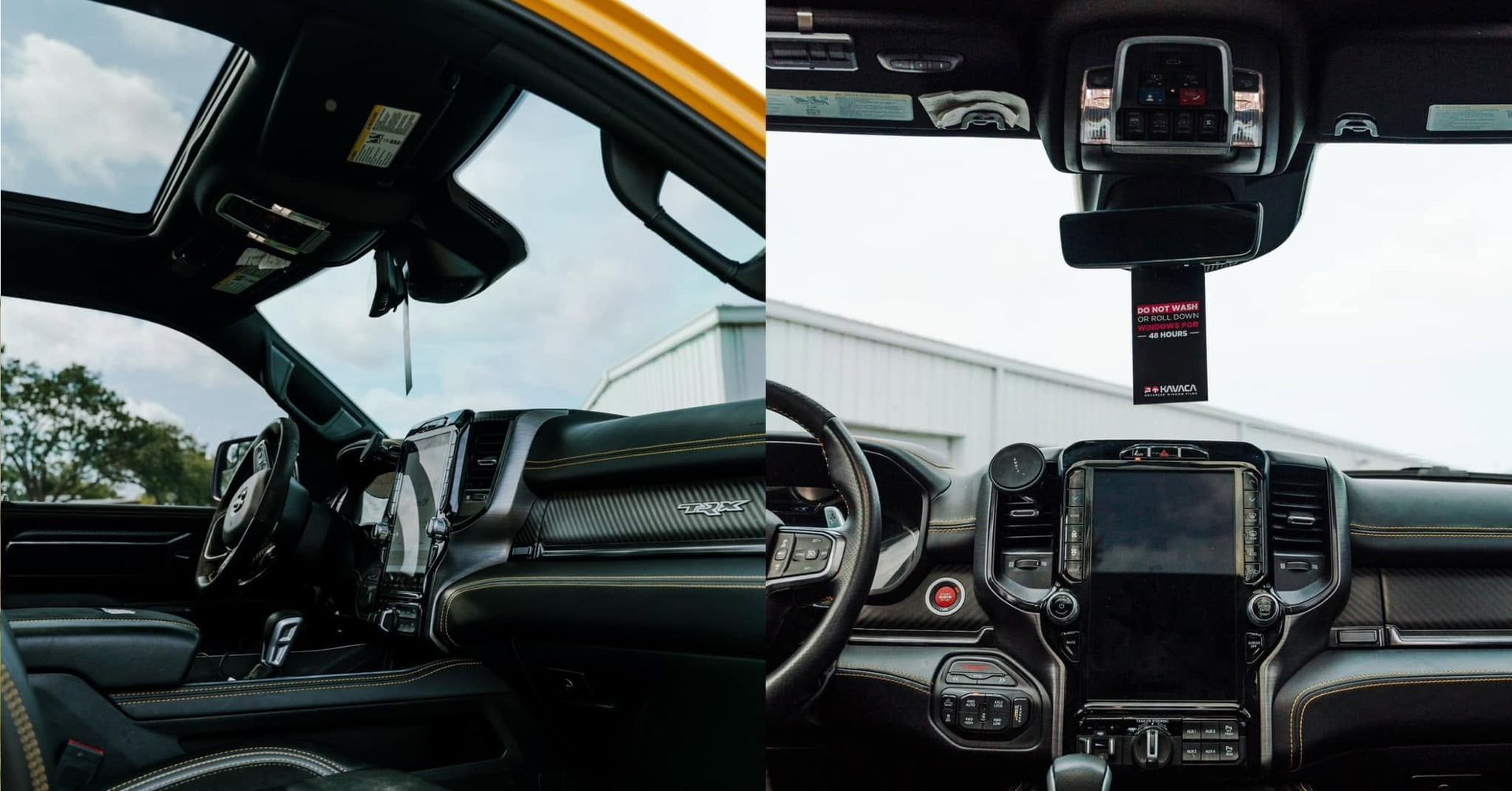 Luxury car interior with black dashboard, wide windshield, and sunroof, viewed from the front seats