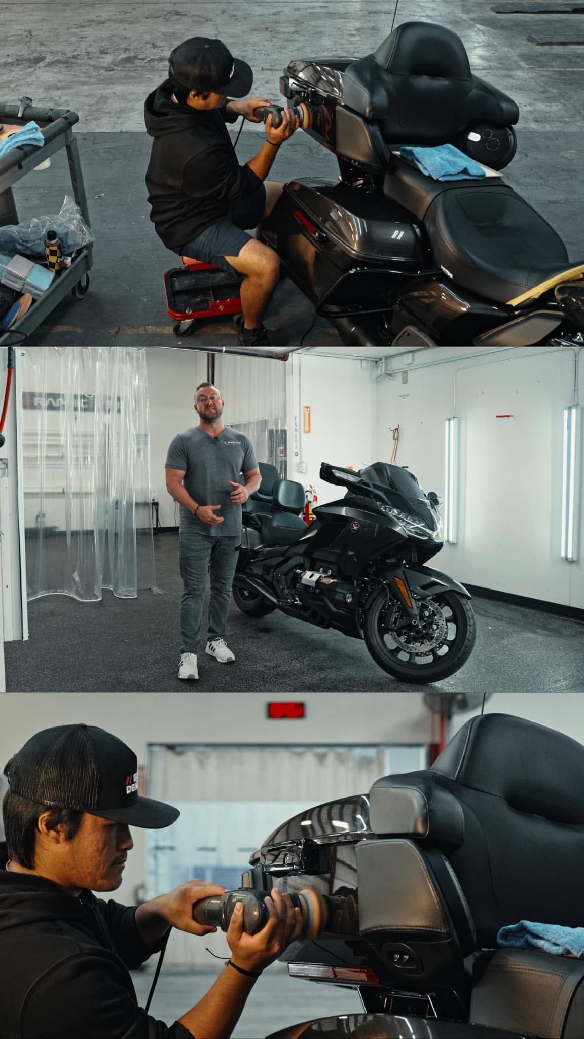 Three views of a man adjusting a black motorcycle’s rear case and controls in a showroom.