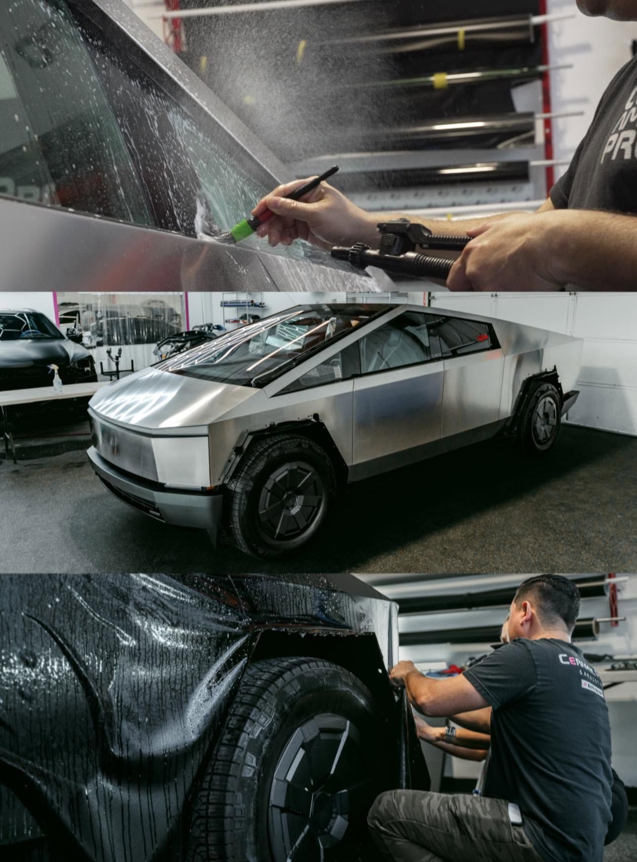 Cybertruck being wrapped in a garage, with close-up hands smoothing film over the silver body.