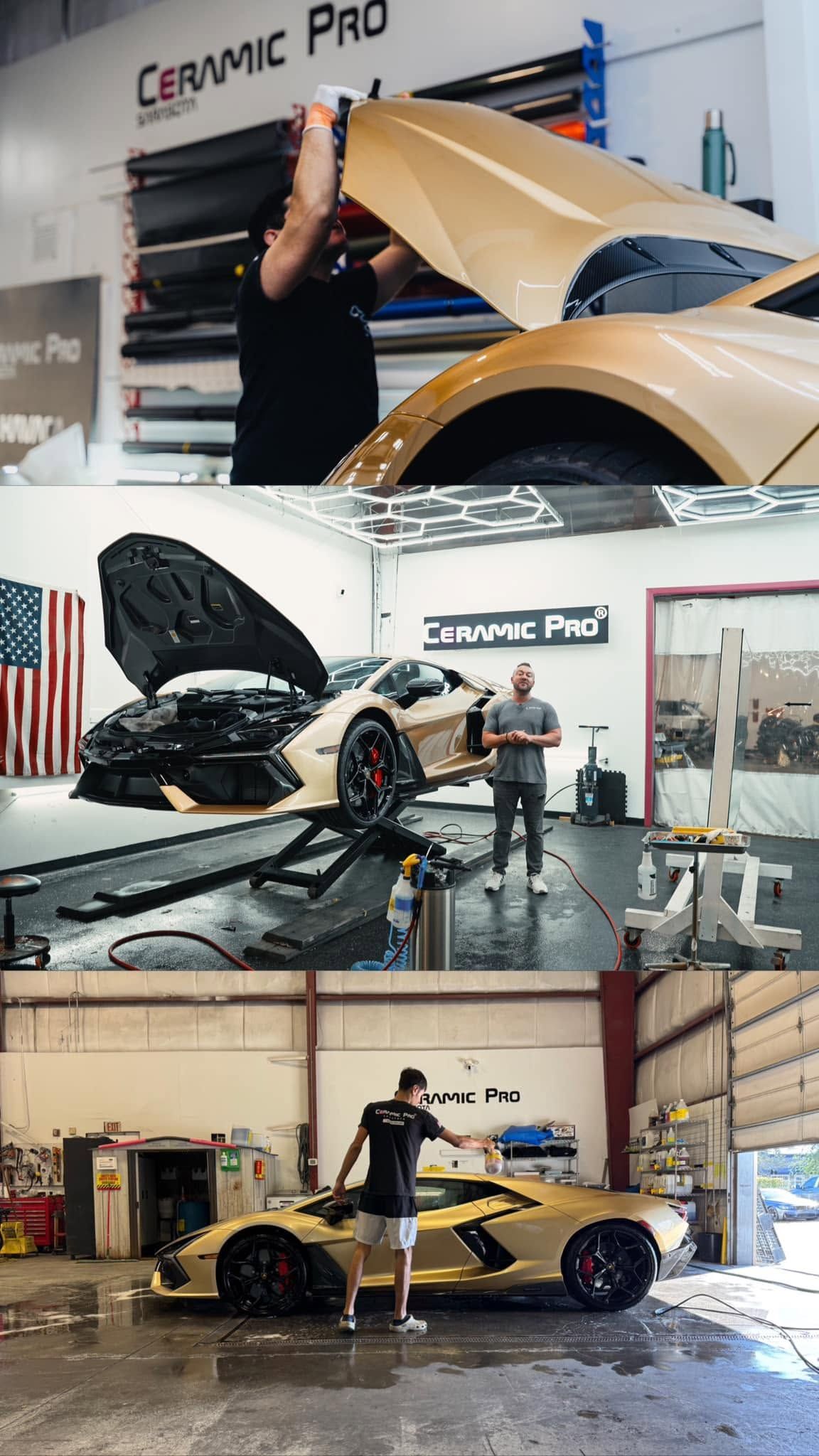 Three views of a gold sports car in a garage, with the hood and doors open during work.