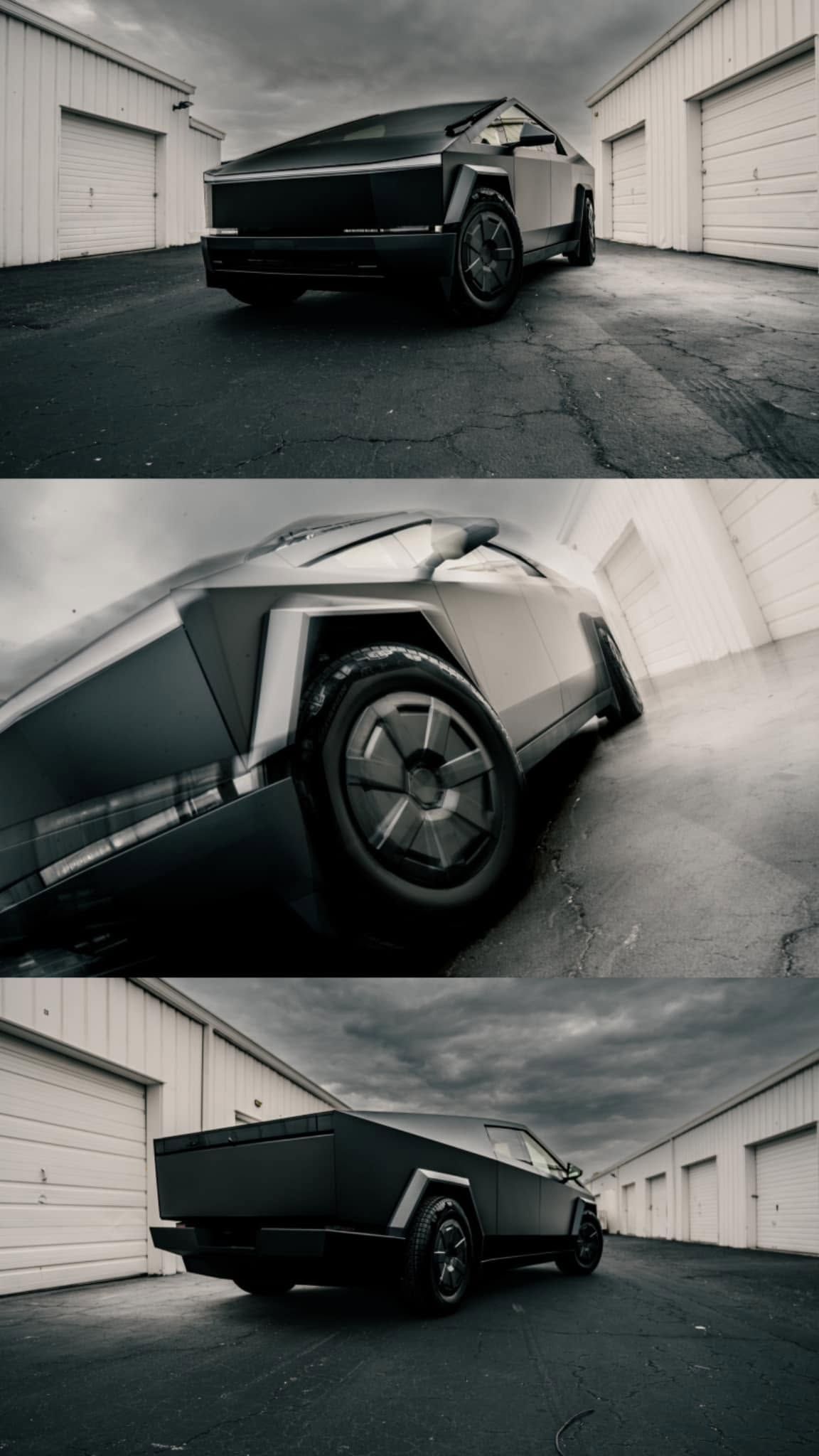Black futuristic SUV shown from multiple angles in a warehouse-style garage.