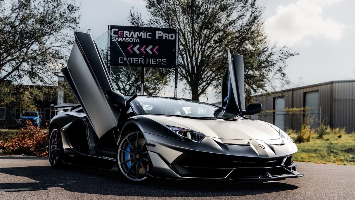 Black sports car with scissor doors open, parked outside a shop on a sunny day.