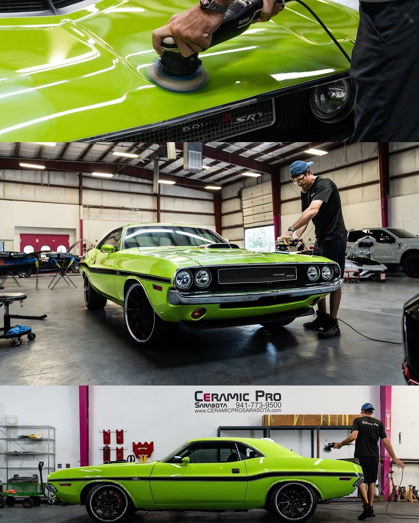 Collage of a bright green classic muscle car being polished in an auto shop