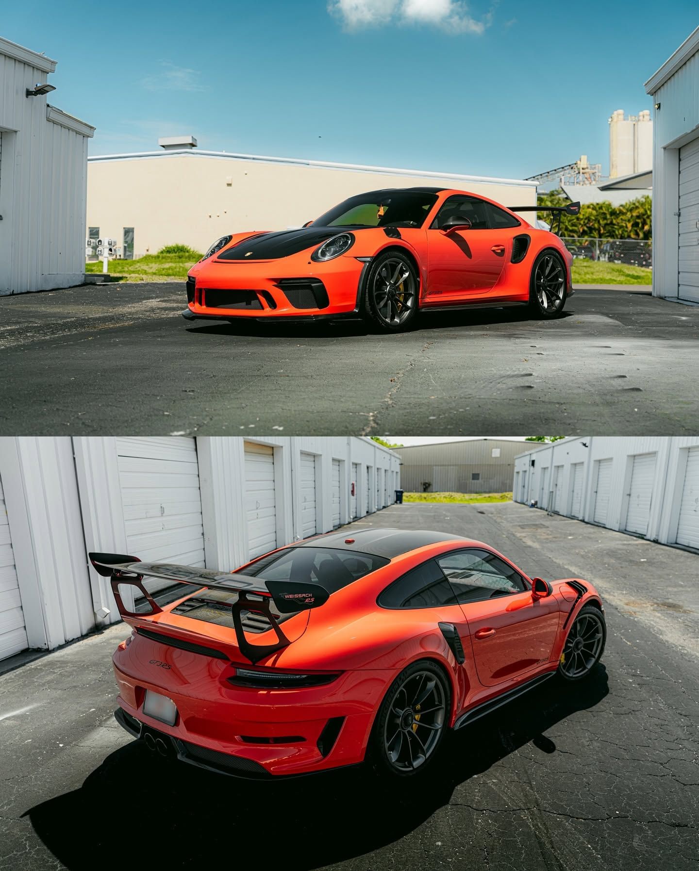 Bright orange sports car in an industrial lot, shown from front and rear angles with a large rear wing