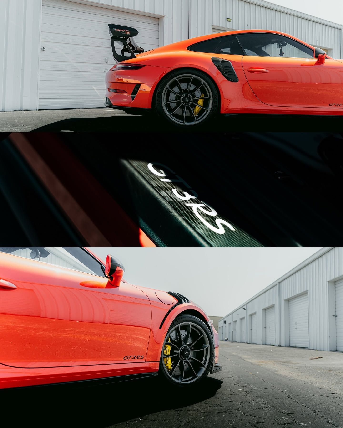 Orange sports car in an industrial lot, shown from side angles with black wheels and a large rear wing