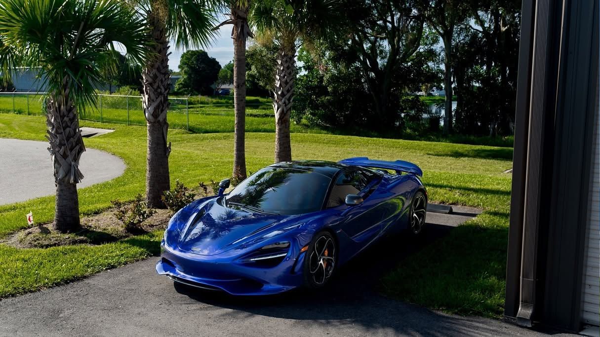 Blue sports car parked on a sunny driveway beside palm trees and a green lawn
