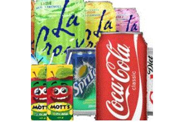 A group of cans of soda including sprite and coca cola