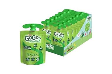 A box of gogo squeez apple juice next to a bag of apple juice.
