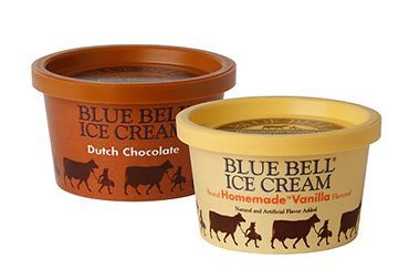 Two cups of blue bell ice cream with cows on them